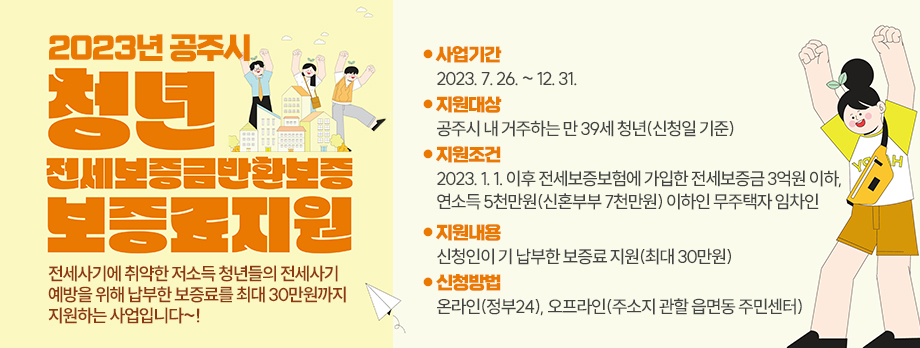 2023년 공주시 청년 전세보증금반환보증 보증료 지원

전세사기에 취약한 저소득 청년들의 전세사기 예방을 위해 납부한 보증료를 최대 30만원까지 지원하는 사업입니다~!

사업기간 : 2023. 7. 26. ~ 12. 31.
지원대상 : 공주시 내 거주하는 만 39세 청년(신청일 기준)
지원조건 : 2023. 1. 1. 이후 전세보증보험에 가입한 전세보증금 3억원 이하, 연소득 5천만원(신혼부부 7천만원) 이하인 무주택자 임차인
지원내용 : 신청인이 기 납부한 보증료 지원(최대 30만원)
신청방법 : 온라인(정부24), 오프라인(주소지 관할 읍면동 주민센터)